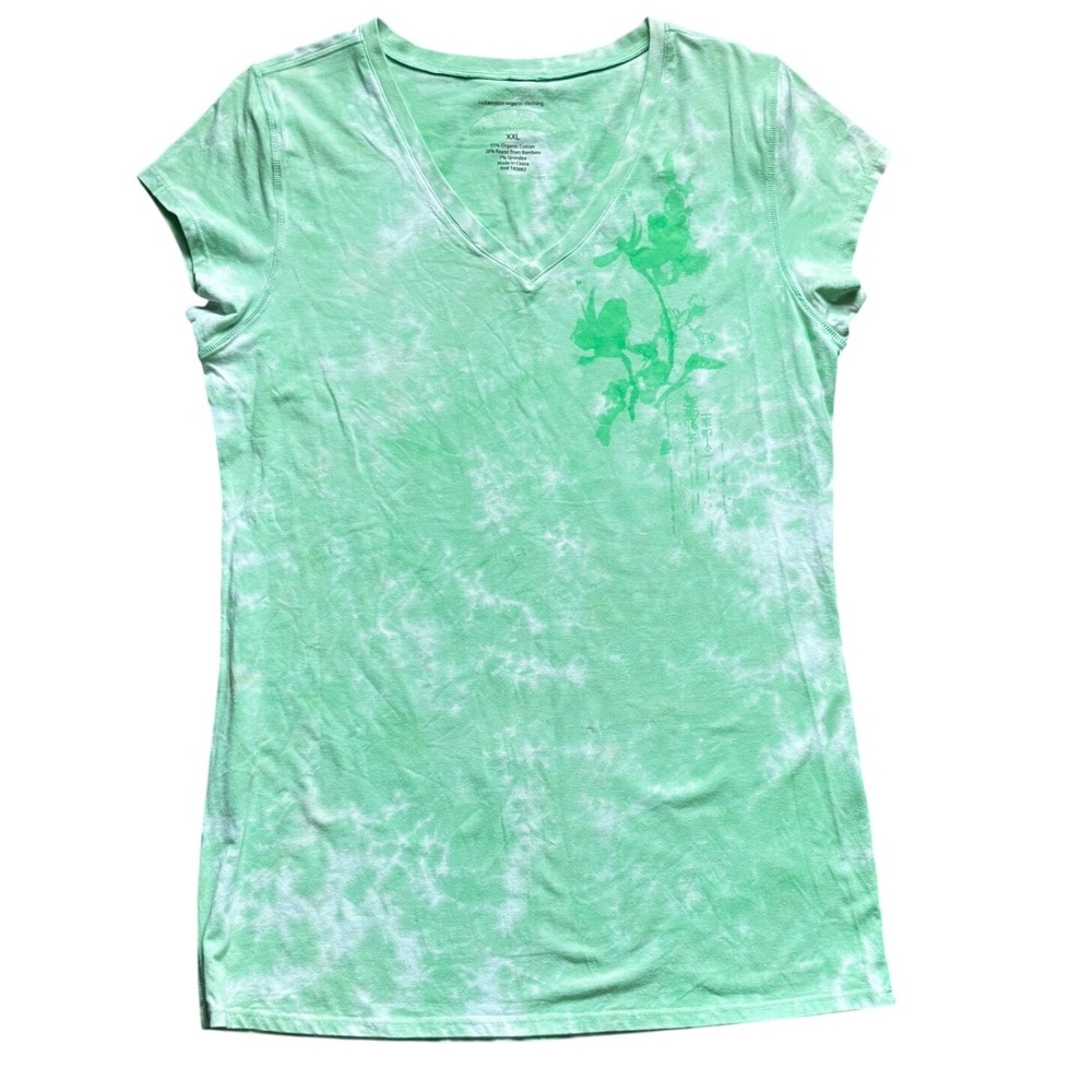 Earth Yoga Green Tie Dye Organic Cotton Bamboo V-Neck Floral Graphic Tee XXL